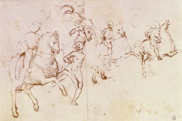 Étude de quatre cavaliers et un nu masculin pour une 
